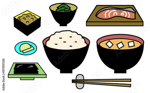 定食のアイコンイラスト/Vector illustration of rice,
miso soup, grilled salmon, seaweed,and spinach.