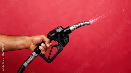 Male hand holding fuel pump nozzle spraying liquid on red background