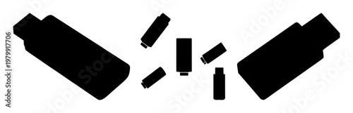 USB flash drive set with black silhouette against white background featuring flash drive, storage device, thumb drive with minimal design and portable storage.