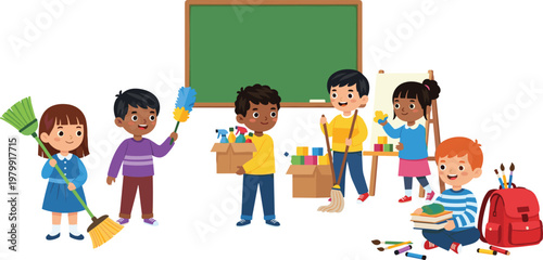 Cartoon Kids Cleaning Classroom with Brooms and Supplies, Children Doing School Chores Together, Teamwork, Responsibility, and Hygiene Education Illustration