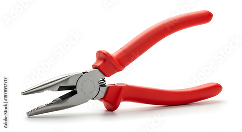 Long nose pliers with red insulated handles isolated on white background for electrical and repair work electrical equipment hardware maintenance isolated background