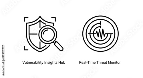 Vulnerability insights and real-time threat monitoring icons with vulnerability