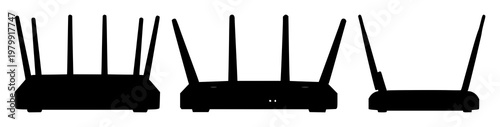 Router set with black silhouette design featuring network, internet, connection with WiFi and antenna