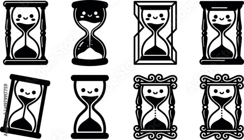 Black and white cute hourglass icons with smiling faces in different frame styles