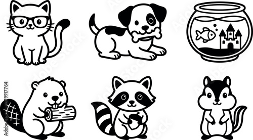 Cute black and white cat with glasses dog with bone fish in bowl beaver raccoon and chipmunk vector art