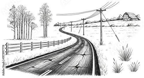 Winter Country Road Scene with Telephone Poles and Farm.