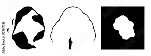 Cave set with black silhouette on white background featuring karst formations, stalactites, and darkness with mineral textures and exploration