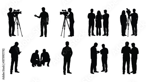 A collection of black silhouettes depicting a film crew interviews and people interacting in various positions high quality professional detailed modern