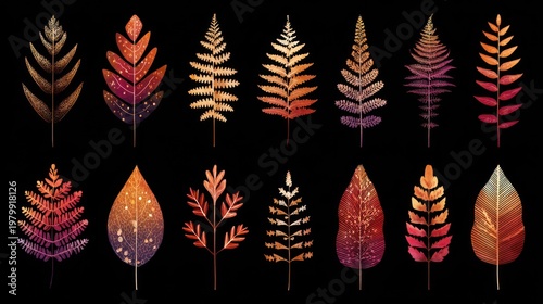 Collection of stylized botanical shapes exhibiting warm autumnal coloration displayed against a deep black background