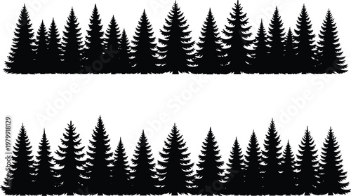 pine tree silhouettes forest set, evergreen conifer trees, woodland landscape illustration, nature border design, black isolated trees, spruce fir collection
