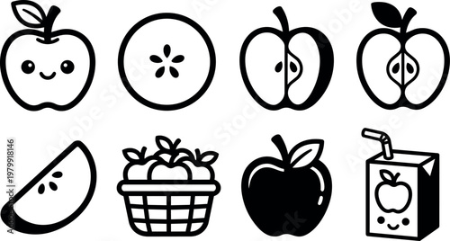 Cute apple icons including basket slice heart shape and juice box vector art