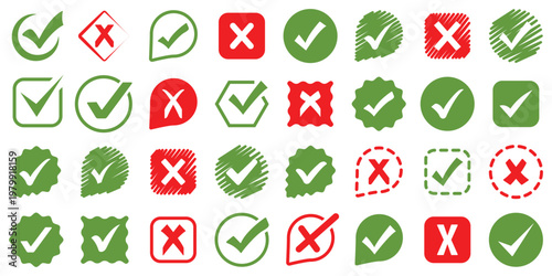 Checkmark cross symbols. Checkbox false wrong icons set. Vote checkmark, cross icons, symbols set. Vector icons. check box illustration.