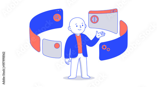 Bald person surrounded by abstract interfaces in modern art style. Suitable for tech or futuristic concept designs. Bold and eyecatching.