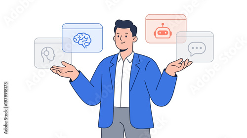 Man in a digital world with ai icons. Suitable for tech, ai, digital innovation, and futuristic concept designs projects.