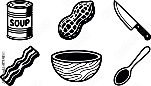 Soup can peanut knife bacon bowl and spoon vector