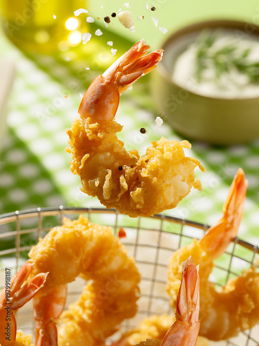 Crispy golden deepfried breaded shrimp with a creamy dipping sauce served in a basket
