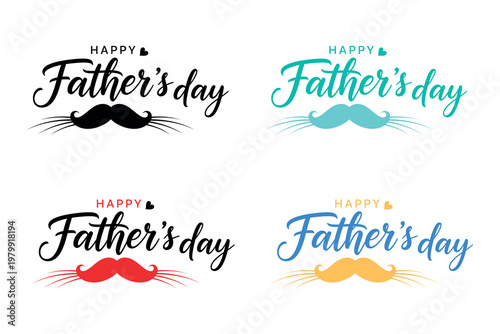 Four colorful father's day typography designs with mustaches and decorative elements