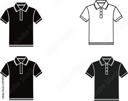 Polo shirt icon set, classic t shirt design, short sleeve apparel collection, fashion silhouette vector, casual clothing template, uniform style