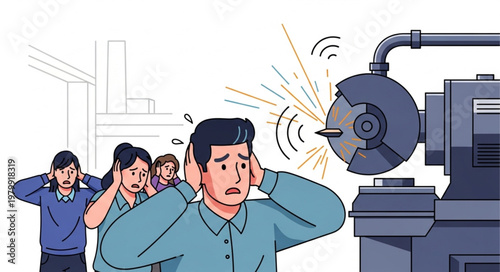 Workers Covering Ears From Loud Industrial Grinding Machine Noise.