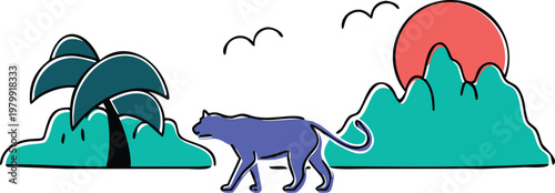 Wild cat walking across savanna with palm trees and sun