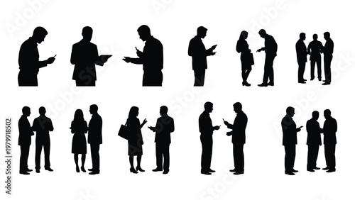A collection of silhouetted figures depicting business professionals interacting in various conversational and networking scenarios high quality professional detailed modern elegant