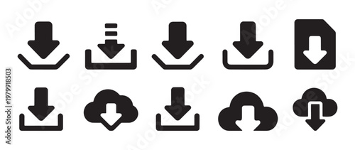 Download icon set file transfer and data saving symbols in solid style vector illustration collection