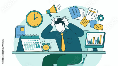 Obraz na płótnie Overwhelmed businessman dealing with work stress, deadlines, and pressure