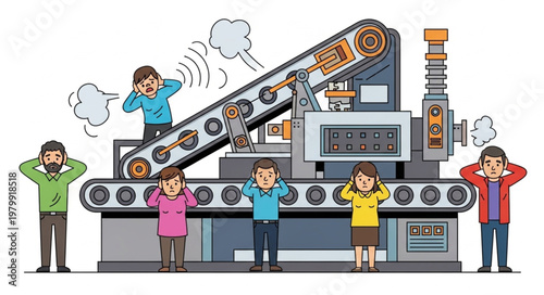 Workers covering ears near loud industrial conveyor belt machine.