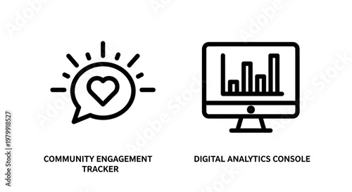Community engagement tracker and digital analytics console icons with community