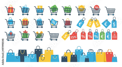 Shopping cart icons, gift boxes, shopping bags, sale tags, discount symbols, euro, dollar signs