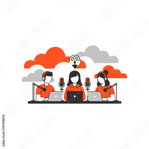 Three individuals engaging in a virtual podcast recording session together online