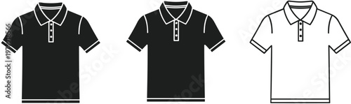 Polo shirt vector set, black and white apparel icons, classic short sleeve clothing design, fashion template collection, casual uniform style