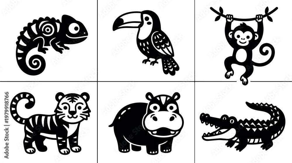 Fototapeta premium Chameleon toucan monkey tiger hippo and crocodile animals