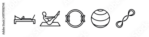 Pilates Fitness Equipment Vector Icon Set, Black Outlines