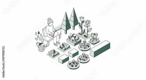 Isometric Illustration of a Person Working on a Laptop in a Stylized Garden; Concept for Remote Work, Landscaping Design, and Sustainable Living