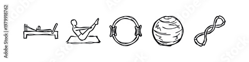 Hand-Drawn Pilates and Gym Equipment Icons, Sketch Style