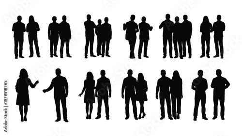 A collection of black silhouettes depicting various groups of people including couples and small gatherings against a white background high quality