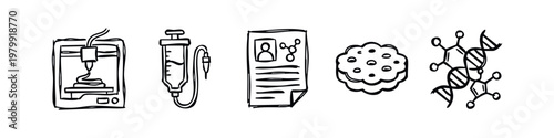 Hand-Drawn Medical and Bio-Printing Science Icons, Sketch