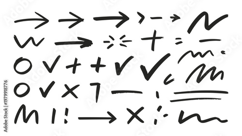 A collection of hand drawn mathematical symbols and arrows on a white background