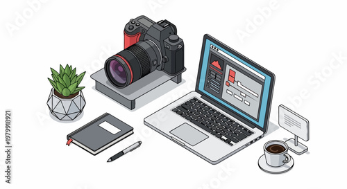 Modern Isometric Photography and Video Editing Workspace with Camera, Laptop, and Creative Tools on a White Background