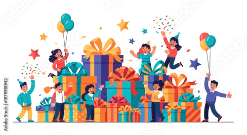 Happy Children Celebrating Birthday with Gifts, Balloons, and Confetti