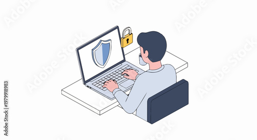 Cybersecurity and Data Protection Concept: Isometric Illustration of a Professional Working Securely on a Laptop with Shield and Lock Icons