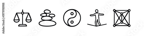 Balance and Harmony Icons: Scales, Stacked Stones, Yin Yang, Person Balancing, Structure