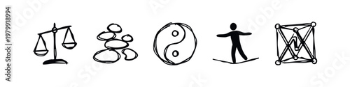 Balance and Harmony Icons: Scales, Stacked Stones, Yin Yang, Person Balancing, Structure