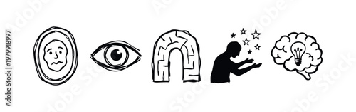 Mind and Perception Icons: Face, Eye, Maze, Person with Stars, Brain with Lightbulb