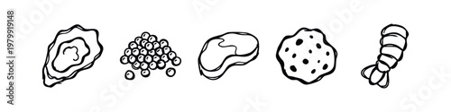 Hand-Drawn Food Sketches: Oyster, Berries, Steak, Cookie, and Shrimp Tail