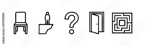 Clean line icons: chair, cliff, question mark, open door, maze