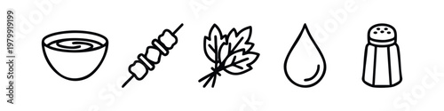 Clean line icons: sauce, skewer, herbs, drop, salt shaker