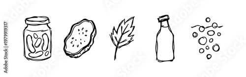 Hand-drawn icons: jar of pickles, pickle, dill, bottle, bubbles