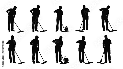A collection of black silhouette figures depicting people standing and holding cleaning tools like mops and buckets high quality professional detailed